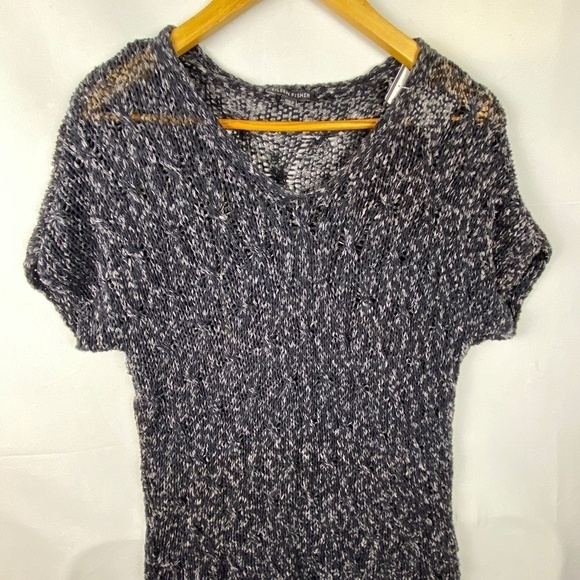 Eileen Fisher Sz: M Melange Cotton Blend V-neck sweater cap sleeves black white - Picture 2 of 10